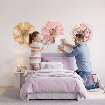 Soft Petals Rose Wall Sticker Decals wall decals: a girl and her dad putting the decals up in a girl's bedroom