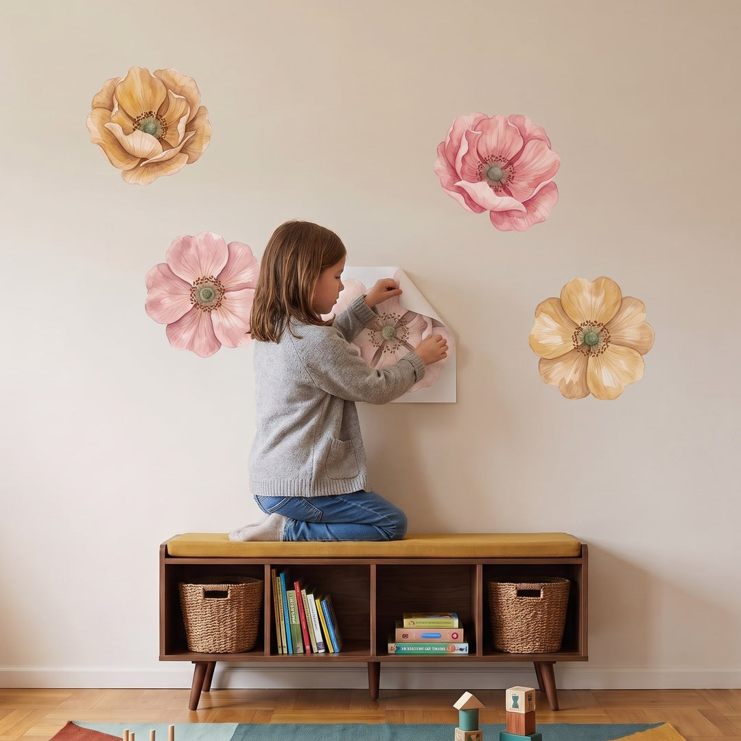 Soft Petals Rose Wall Sticker Decals wall decals: a girl putting the decals up in a playroom