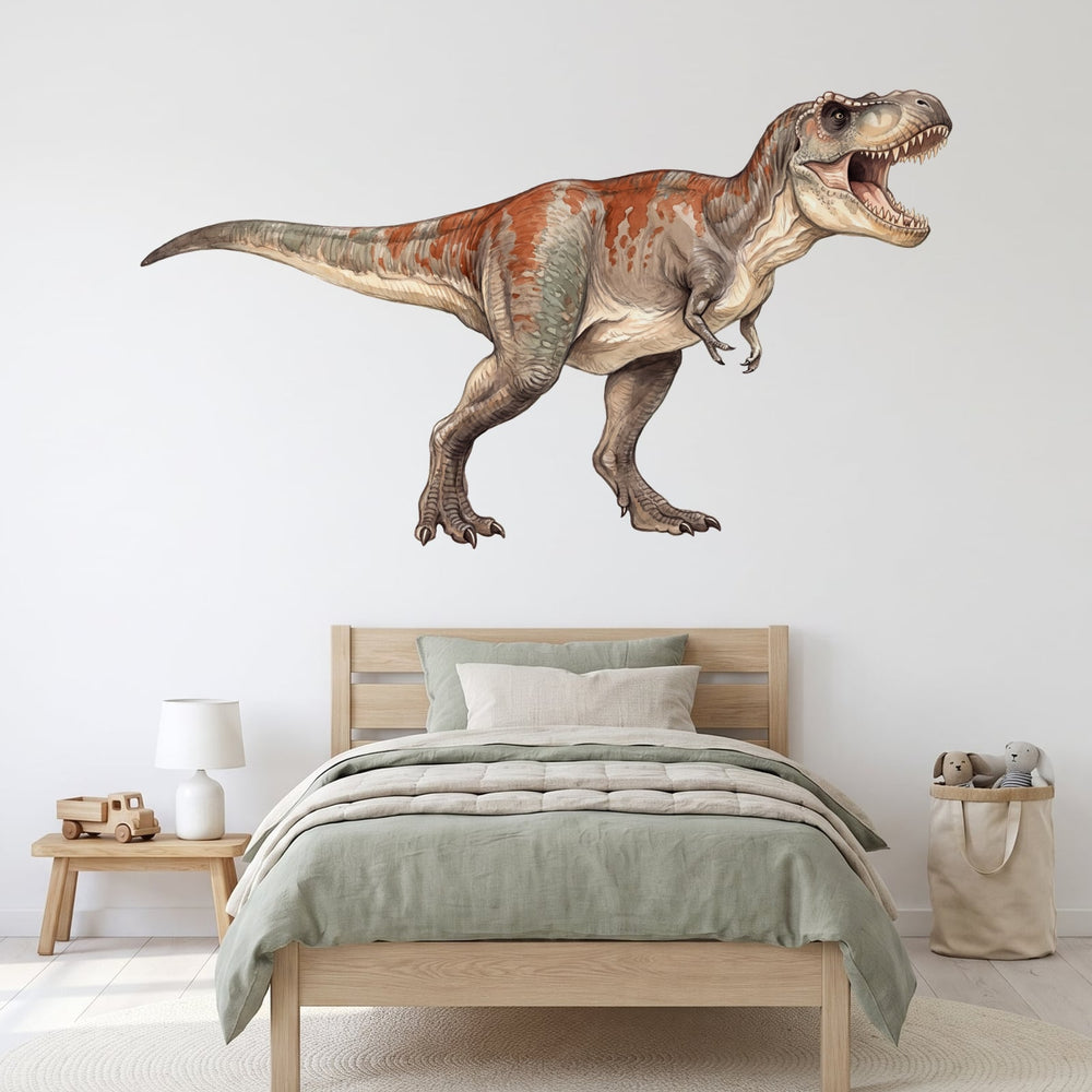 Roaring T Rex Wall Sticker Decals wall decals on a boy's bedroom wall (Maxi (183 x 104 cm) size, right facing)