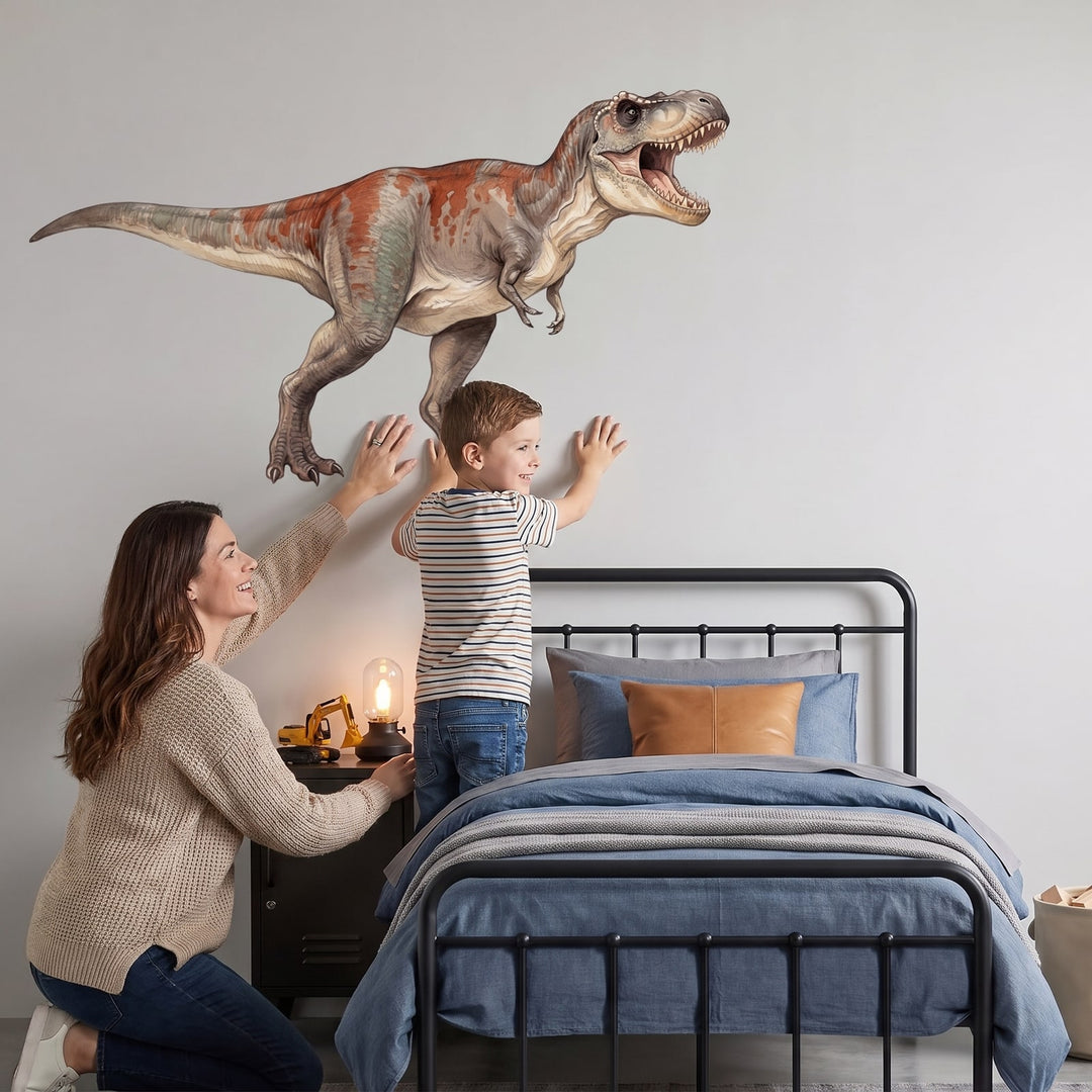 Roaring T Rex Wall Sticker Decals wall decals: a boy and his mum putting the decals up in a boy's bedroom