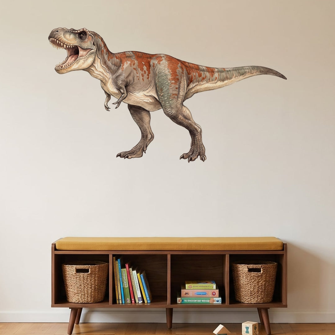 Roaring T Rex Wall Sticker Decals wall decals on a playroom wall (Large (137 x 78 cm) size, left facing)