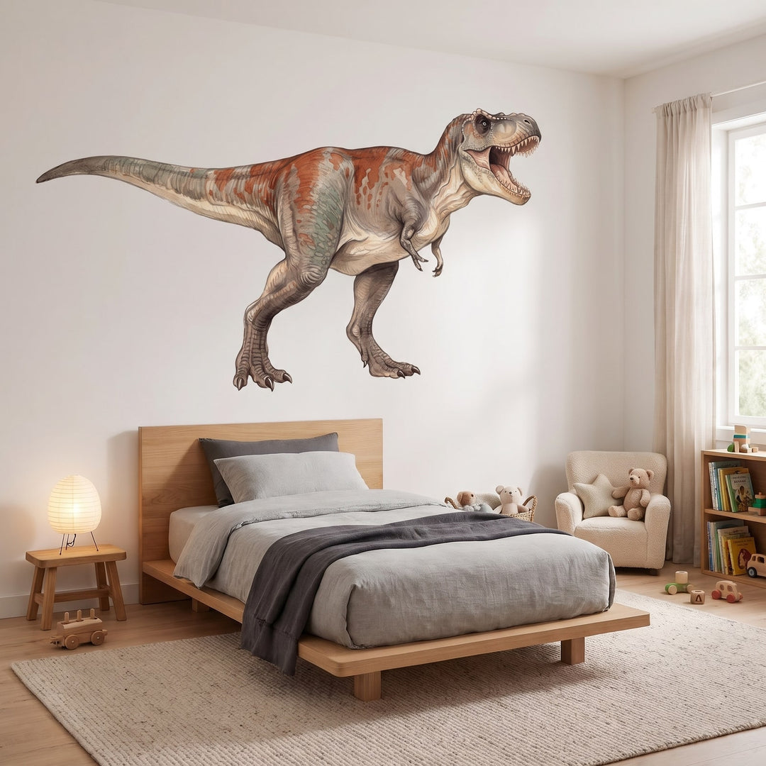 Roaring T Rex Wall Sticker Decals wall decals: the whole room from a corner in a boy's bedroom