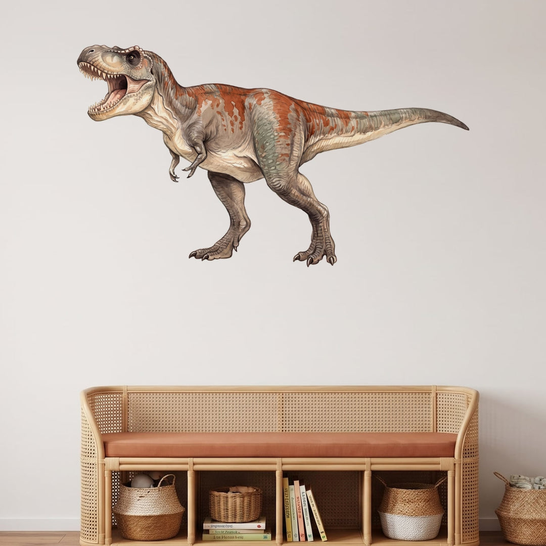 Roaring T Rex Wall Sticker Decals wall decals on a playroom wall (Large (137 x 78 cm) size, left facing)