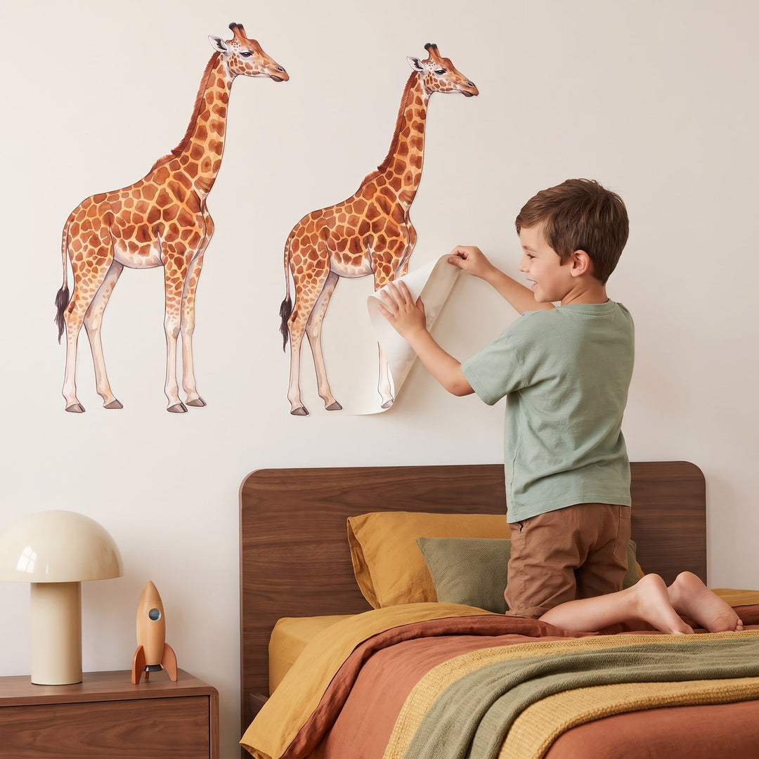Gentle Giraffe Wall Sticker Decals wall decals: a boy putting the decals up in a boy's bedroom