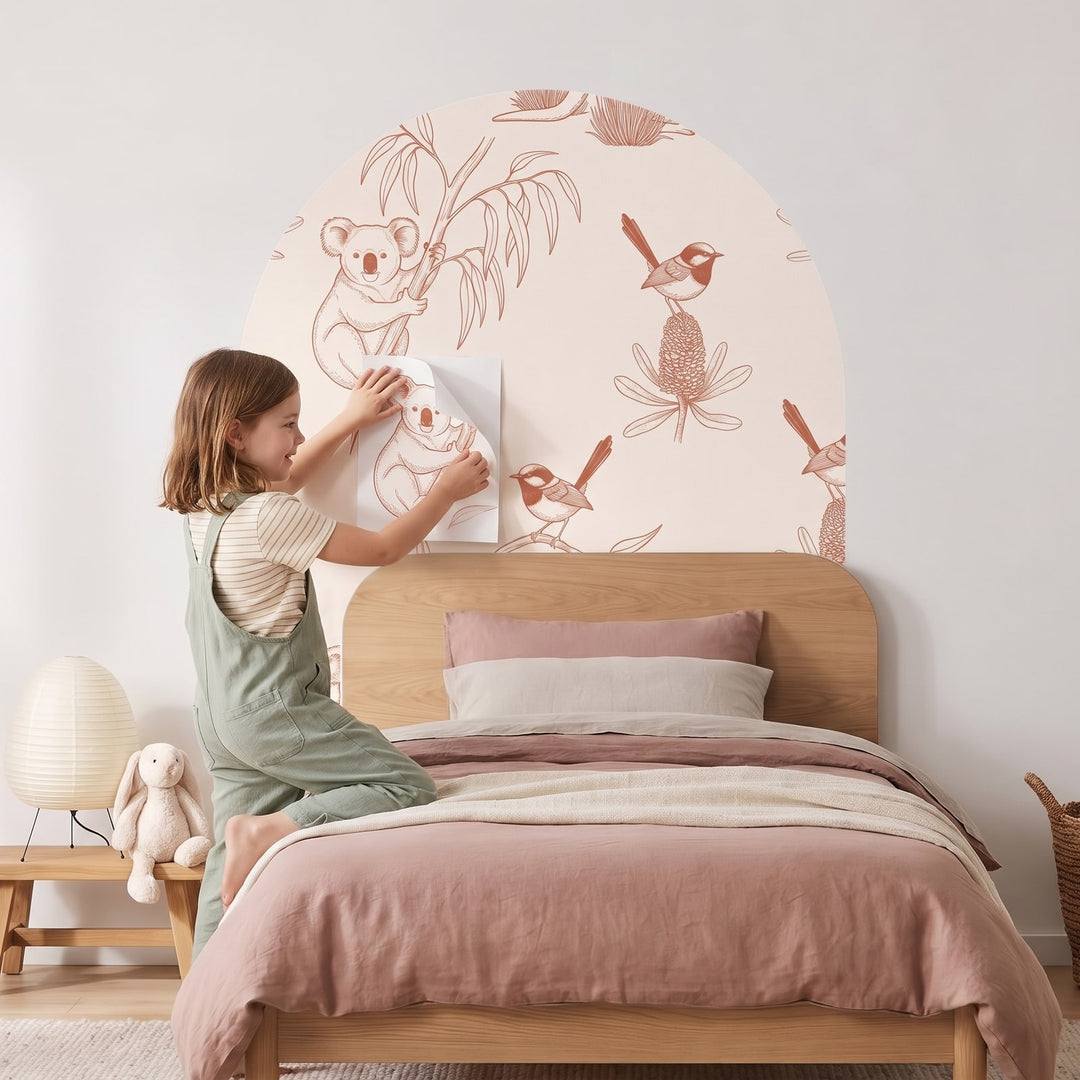 Australian Bush Toile Arch Wall Sticker Decals wall decals: a girl putting the decals up in a girl's bedroom