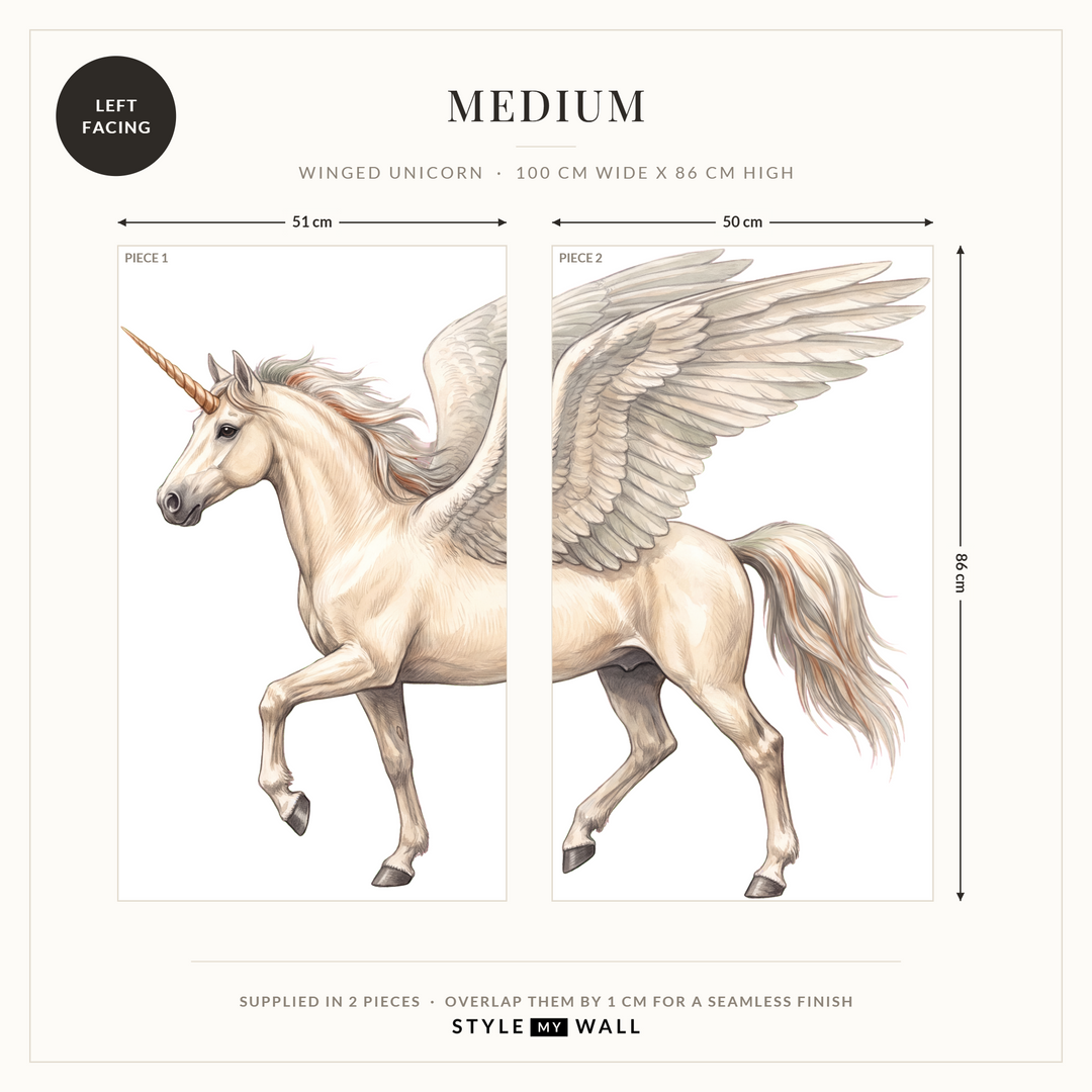Winged Unicorn Wall Sticker Decals: Medium supplied in 2 pieces that overlap by 1 cm, left facing