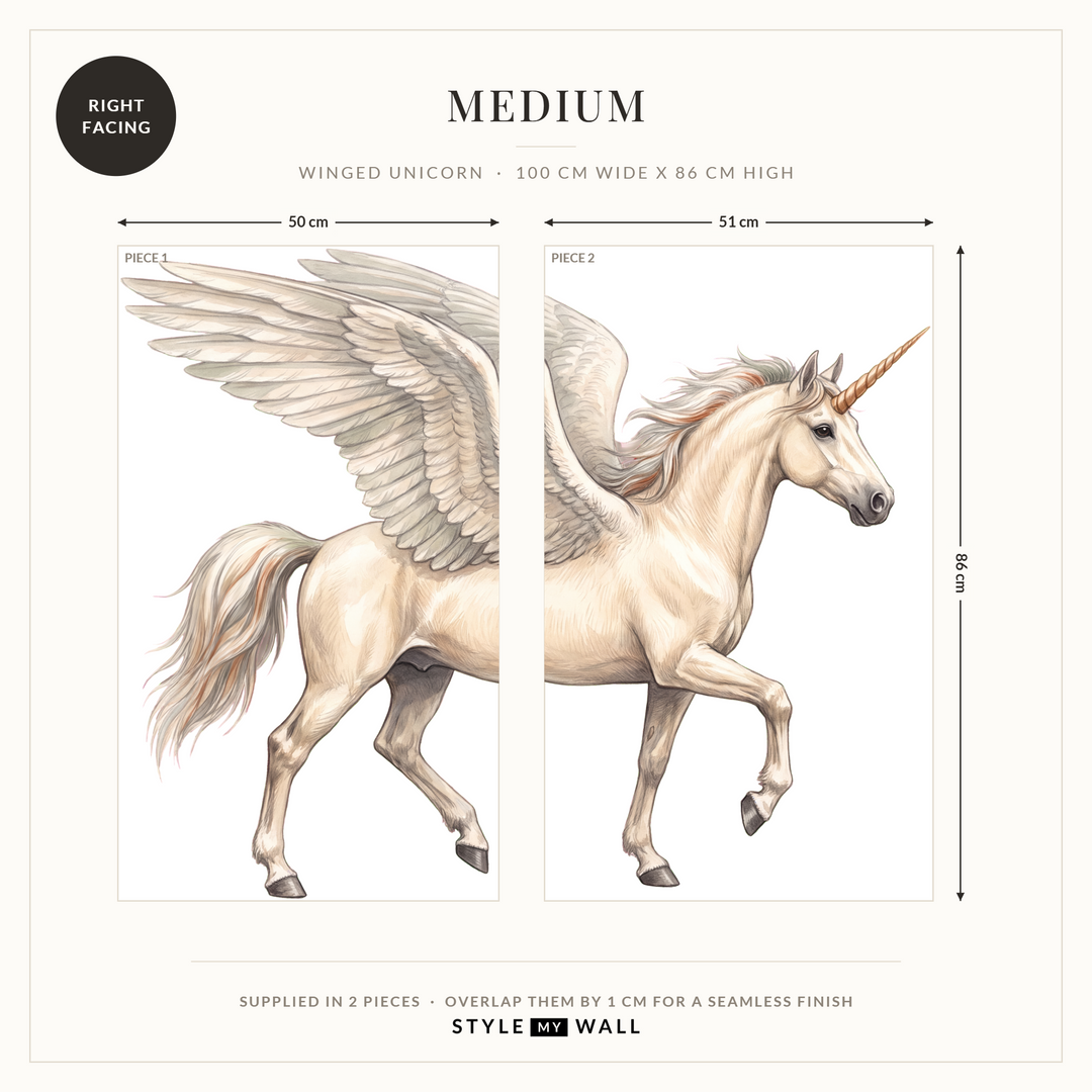 Winged Unicorn Wall Sticker Decals: Medium supplied in 2 pieces that overlap by 1 cm, right facing