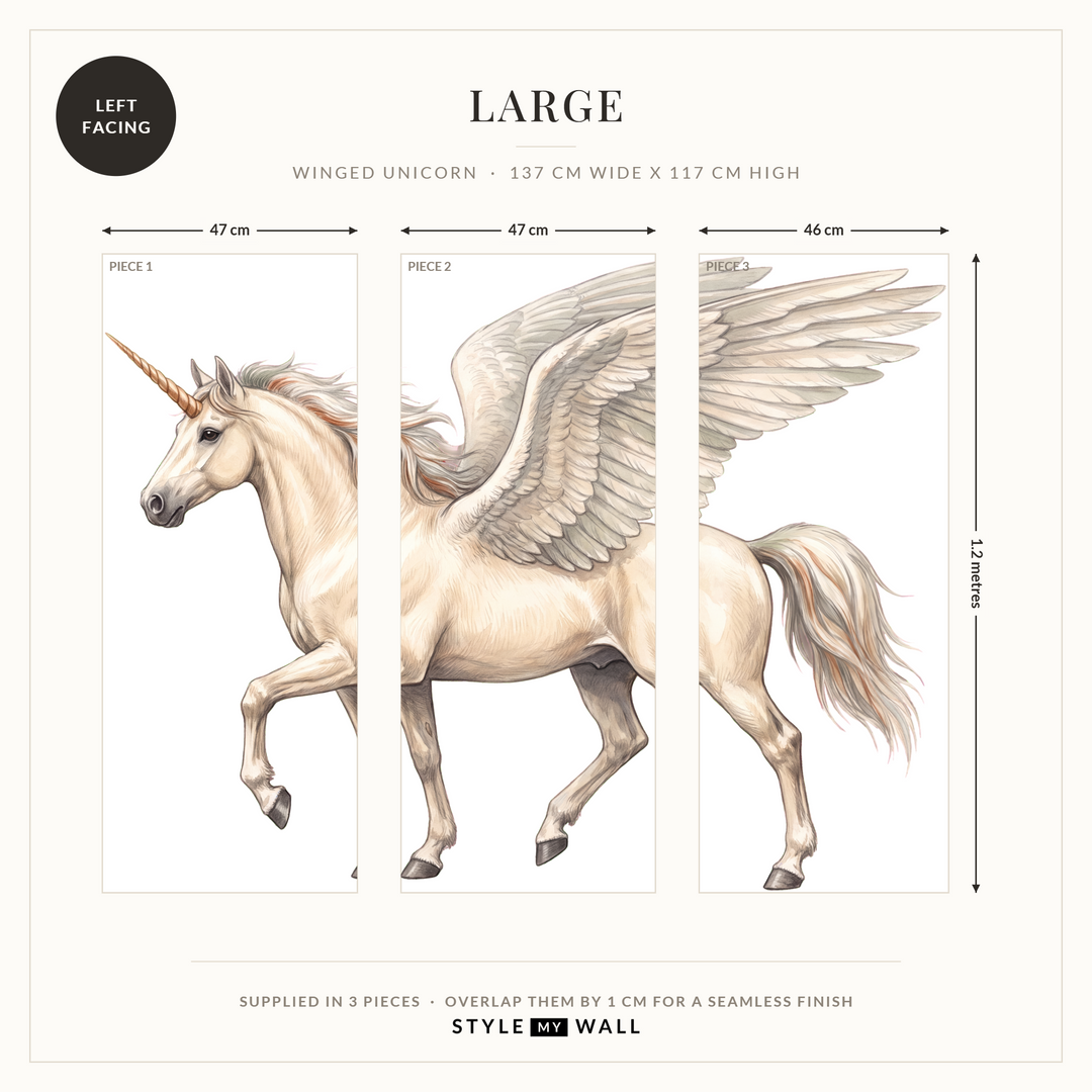 Winged Unicorn Wall Sticker Decals: Large supplied in 3 pieces that overlap by 1 cm, left facing