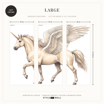 Winged Unicorn Wall Sticker Decals: Large supplied in 3 pieces that overlap by 1 cm, left facing