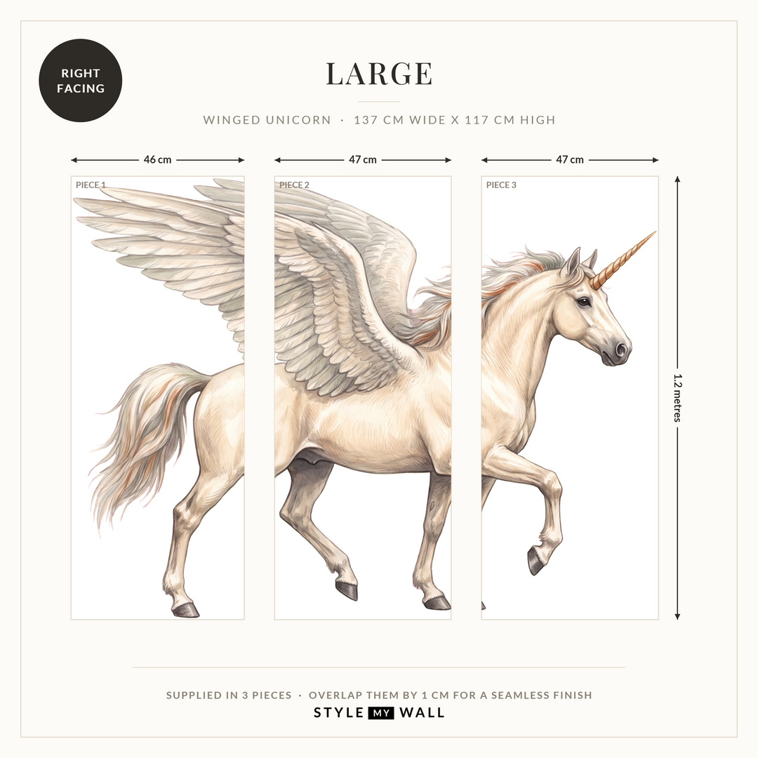 Winged Unicorn Wall Sticker Decals: Large supplied in 3 pieces that overlap by 1 cm, right facing