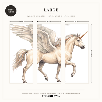Winged Unicorn Wall Sticker Decals: Large supplied in 3 pieces that overlap by 1 cm, right facing