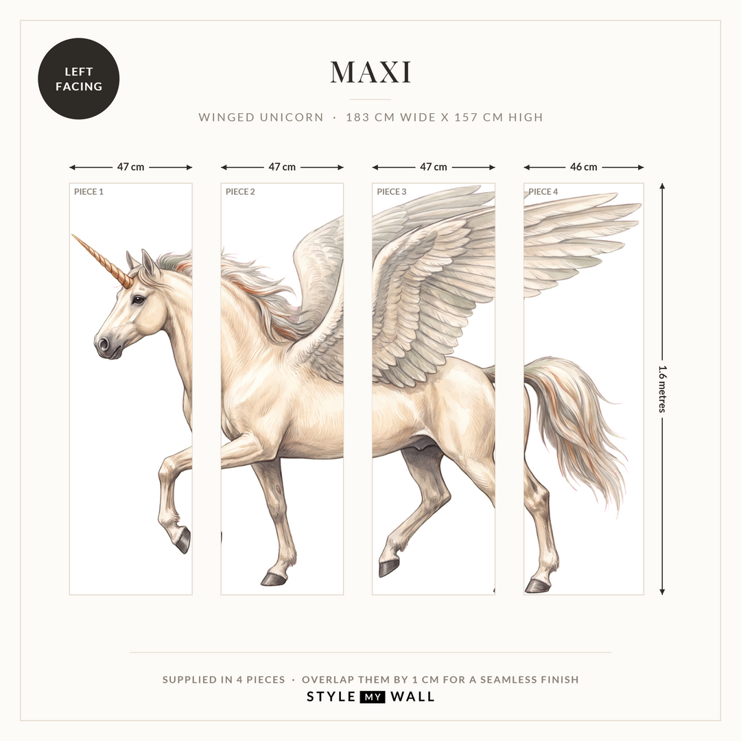 Winged Unicorn Wall Sticker Decals: Maxi supplied in 4 pieces that overlap by 1 cm, left facing