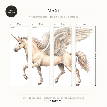 Winged Unicorn Wall Sticker Decals: Maxi supplied in 4 pieces that overlap by 1 cm, left facing