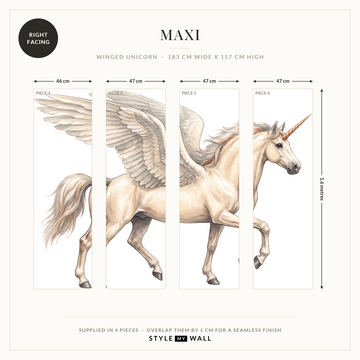 Winged Unicorn Wall Sticker Decals: Maxi supplied in 4 pieces that overlap by 1 cm, right facing