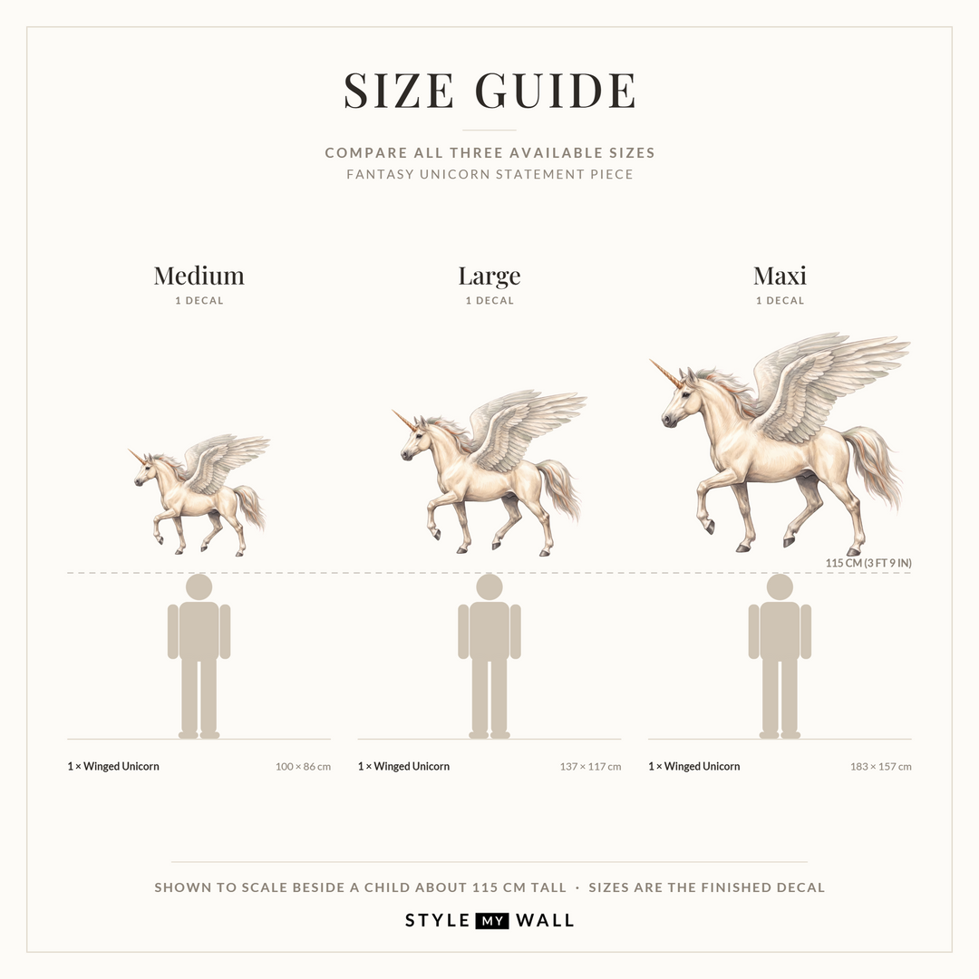 Winged Unicorn Wall Sticker Decals: size guide, every size shown to scale beside a child