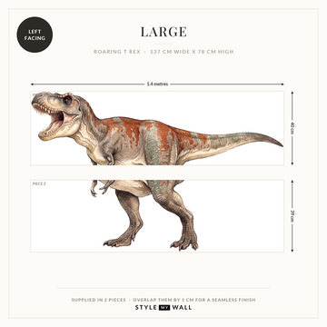 Roaring T Rex Wall Sticker Decals: Large supplied in 2 pieces that overlap by 1 cm, left facing