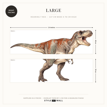 Roaring T Rex Wall Sticker Decals: Large supplied in 2 pieces that overlap by 1 cm, right facing