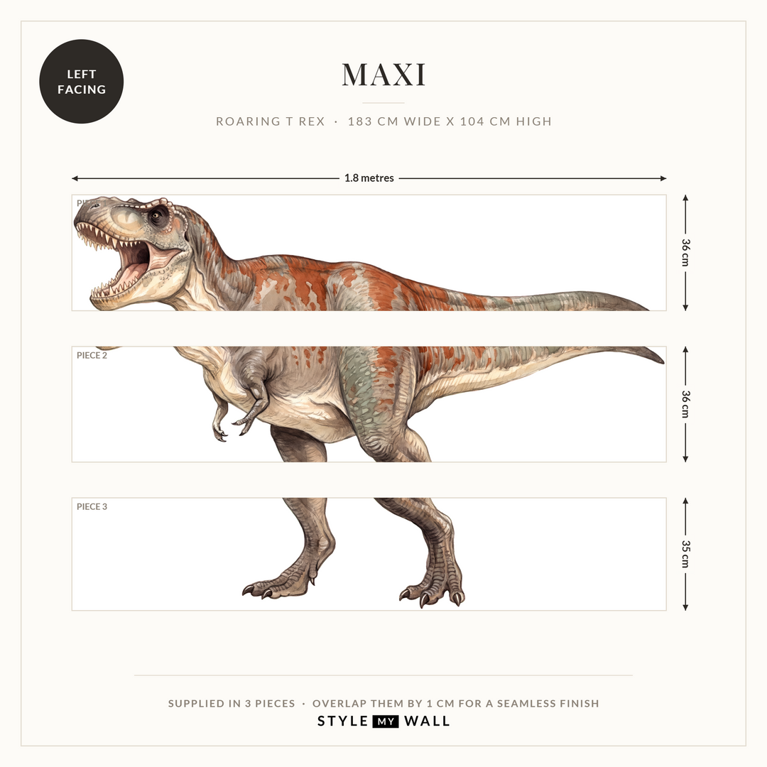 Roaring T Rex Wall Sticker Decals: Maxi supplied in 3 pieces that overlap by 1 cm, left facing