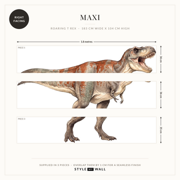 Roaring T Rex Wall Sticker Decals: Maxi supplied in 3 pieces that overlap by 1 cm, right facing