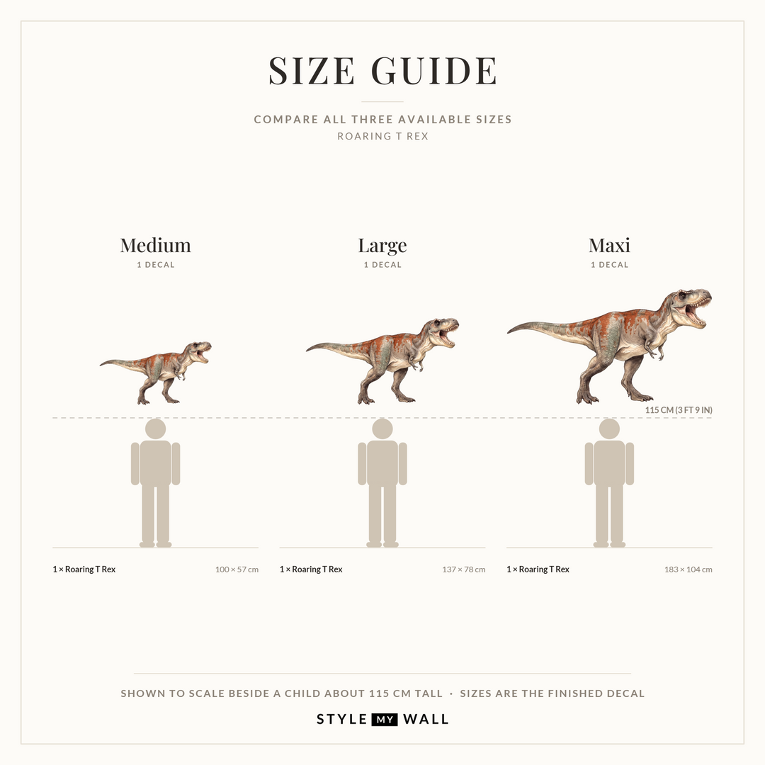 Roaring T Rex Wall Sticker Decals: size guide, every size shown to scale beside a child