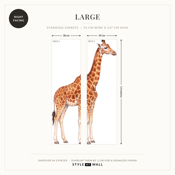 Gentle Giraffe Wall Sticker Decals: Large supplied in 2 pieces that overlap by 1 cm, right facing