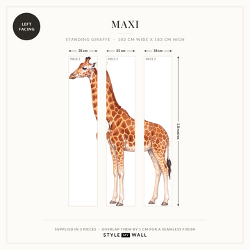 Gentle Giraffe Wall Sticker Decals: Maxi supplied in 3 pieces that overlap by 1 cm, left facing