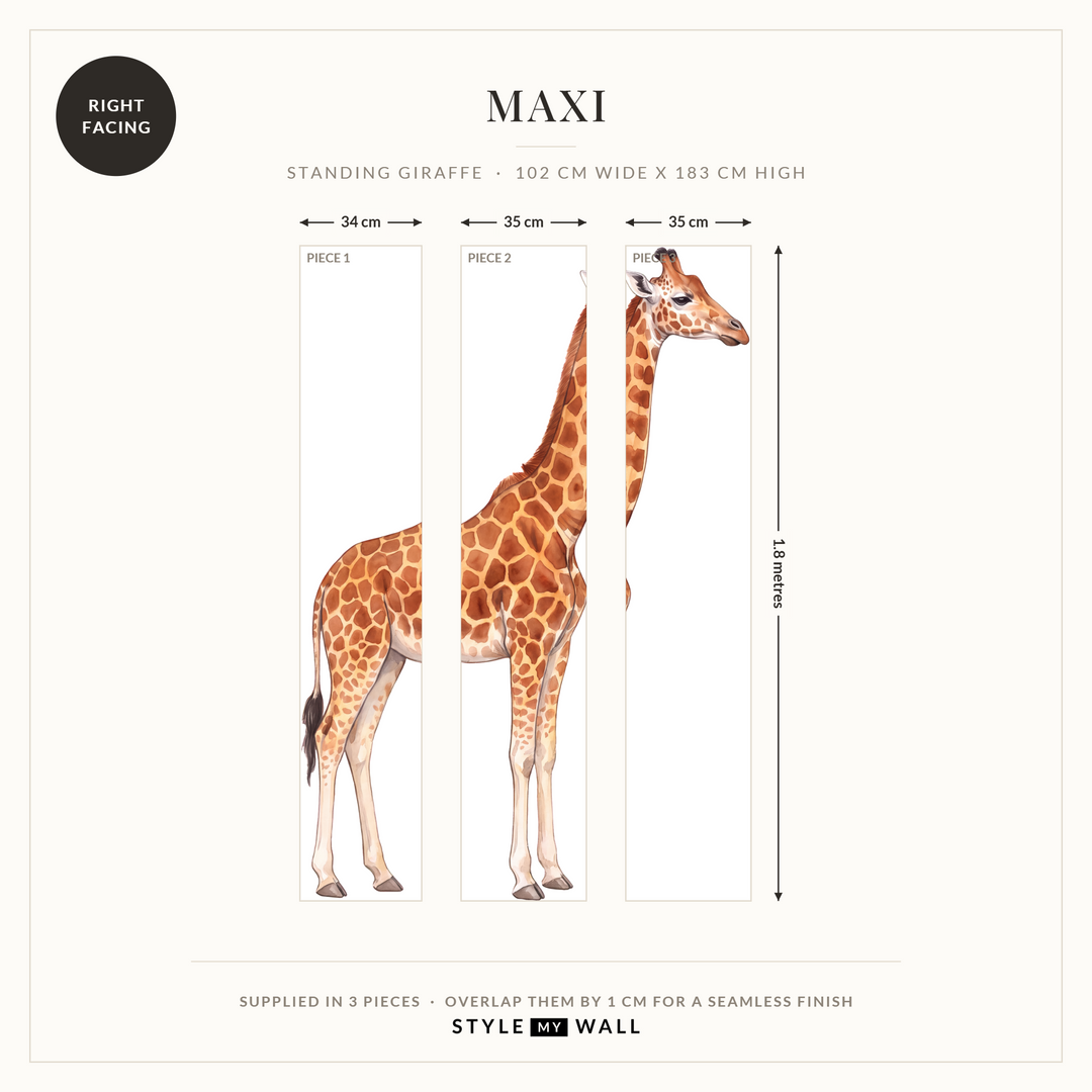 Gentle Giraffe Wall Sticker Decals: Maxi supplied in 3 pieces that overlap by 1 cm, right facing