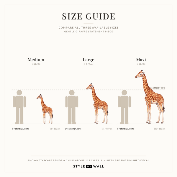 Gentle Giraffe Wall Sticker Decals: size guide, every size shown to scale beside a child