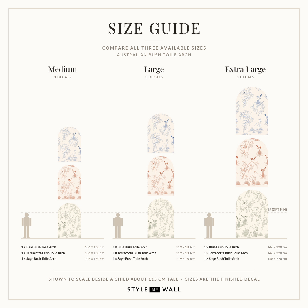 Australian Bush Toile Arch Wall Sticker Decals: size guide, every size shown to scale beside a child