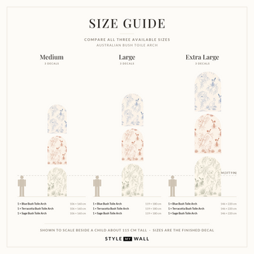 Australian Bush Toile Arch Wall Sticker Decals: size guide, every size shown to scale beside a child