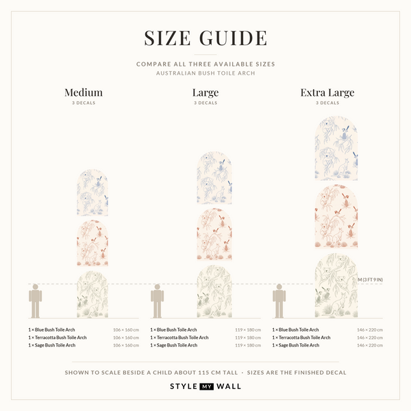 Australian Bush Toile Arch Wall Sticker Decals: size guide, every size shown to scale beside a child