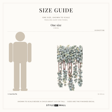 Trailing Gum Vine Wall Sticker Decals: size guide, every size shown to scale beside a child
