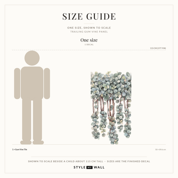 Trailing Gum Vine Wall Sticker Decals: size guide, every size shown to scale beside a child