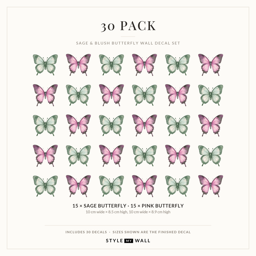 Sage and Blush Butterflies Wall Sticker Decals: 30 Pack sizes