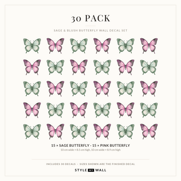 Sage and Blush Butterflies Wall Sticker Decals: 30 Pack sizes