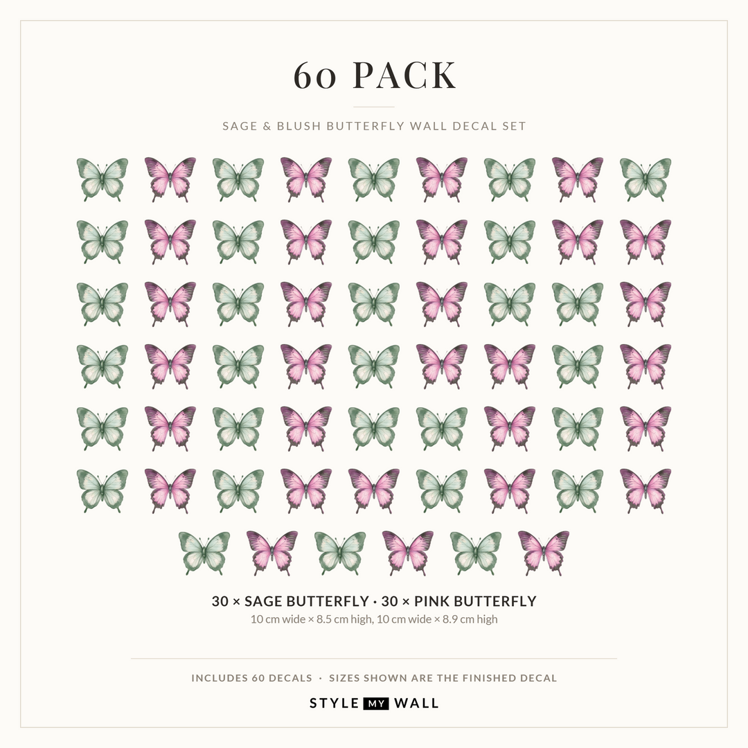 Sage and Blush Butterflies Wall Sticker Decals: 60 Pack sizes