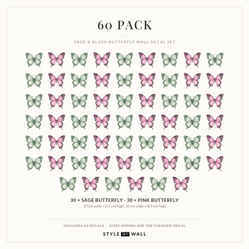 Sage and Blush Butterflies Wall Sticker Decals: 60 Pack sizes