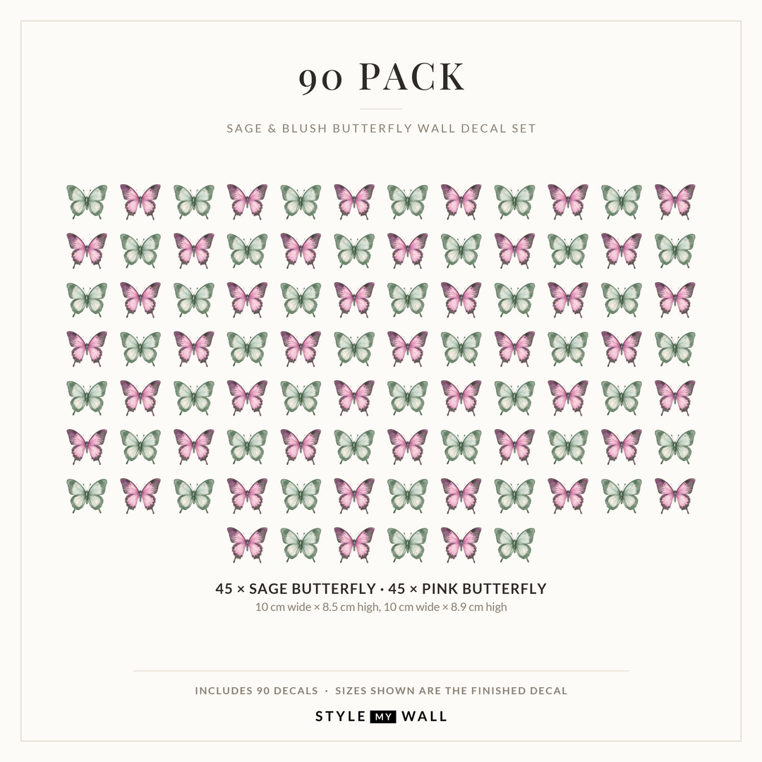 Sage and Blush Butterflies Wall Sticker Decals: 90 Pack sizes