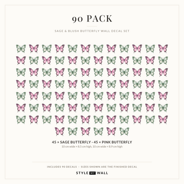 Sage and Blush Butterflies Wall Sticker Decals: 90 Pack sizes
