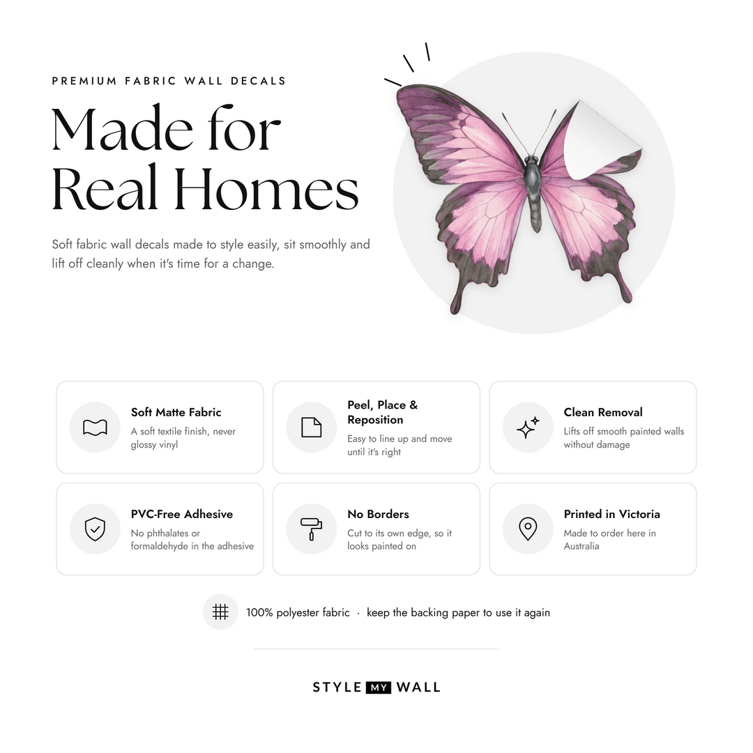Sage and Blush Butterflies Wall Sticker Decals: soft matte fabric wall decals that peel, stick and reposition, printed in Victoria