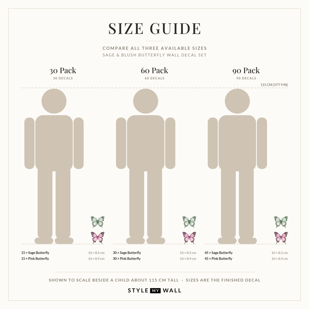 Sage and Blush Butterflies Wall Sticker Decals: size guide, every size shown to scale beside a child