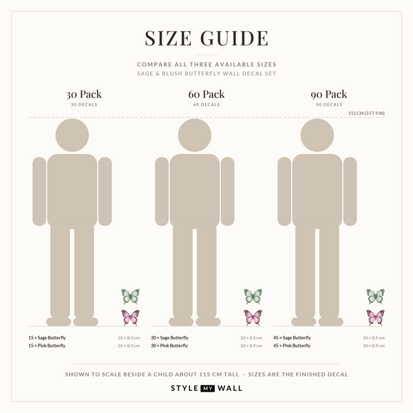 Sage and Blush Butterflies Wall Sticker Decals: size guide, every size shown to scale beside a child
