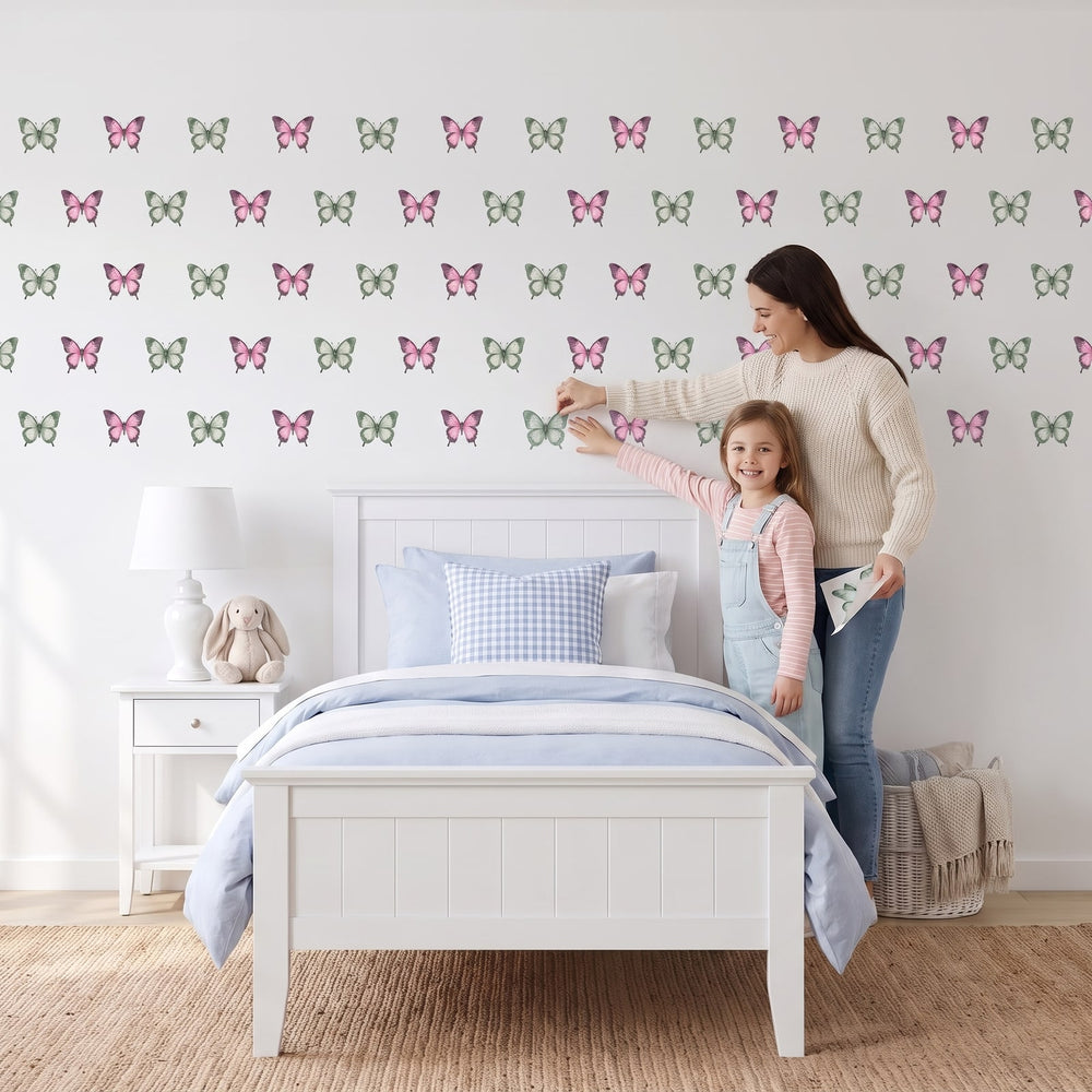 Sage and Blush Butterflies Wall Sticker Decals wall decals: a girl and her mum putting the decals up in a girl's bedroom