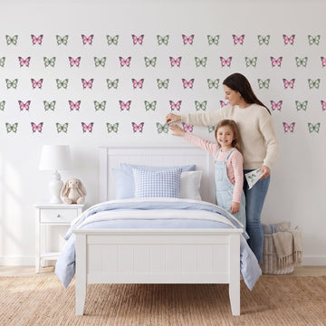 Sage and Blush Butterflies Wall Sticker Decals wall decals: a girl and her mum putting the decals up in a girl's bedroom