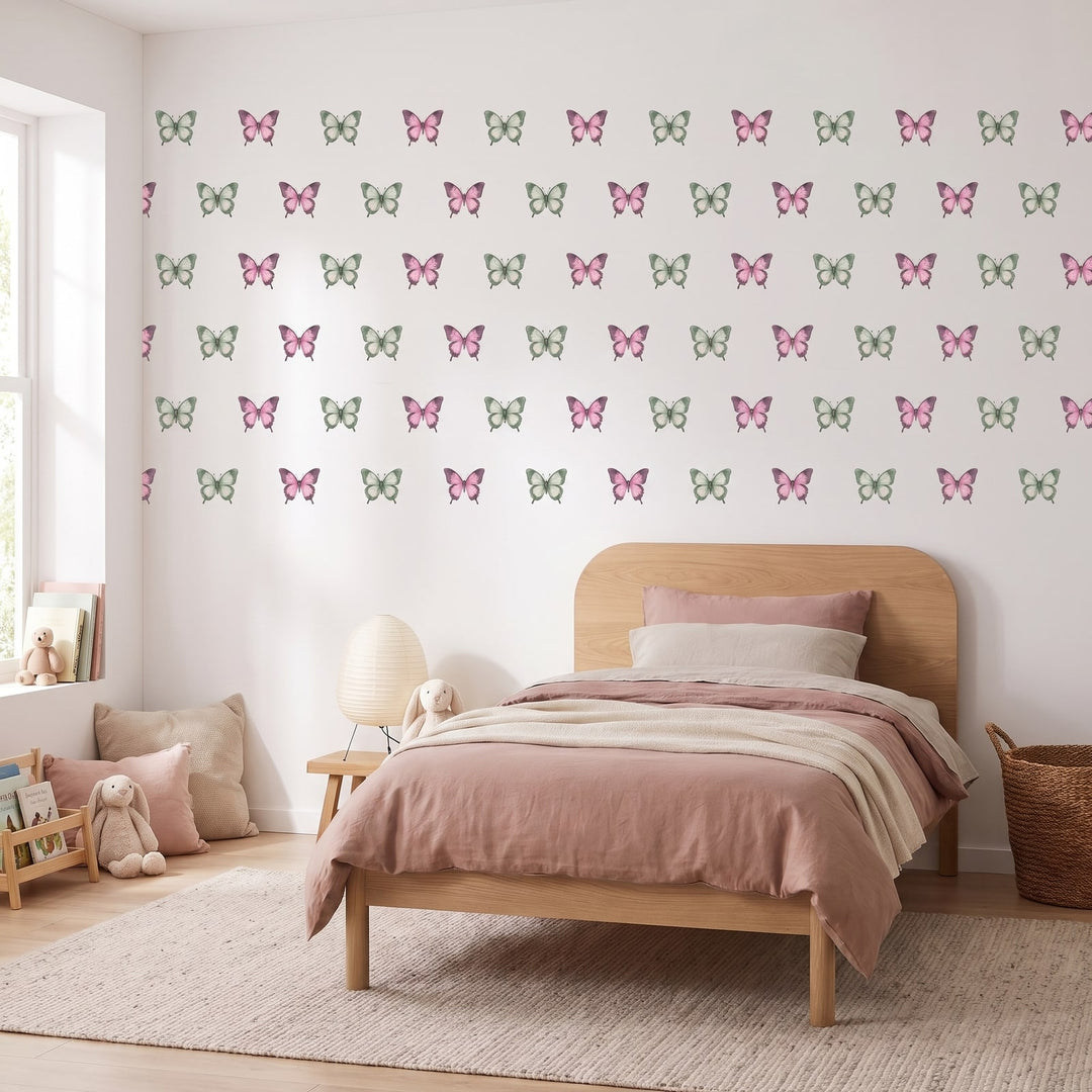 Sage and Blush Butterflies Wall Sticker Decals wall decals: the whole room from a corner in a girl's bedroom