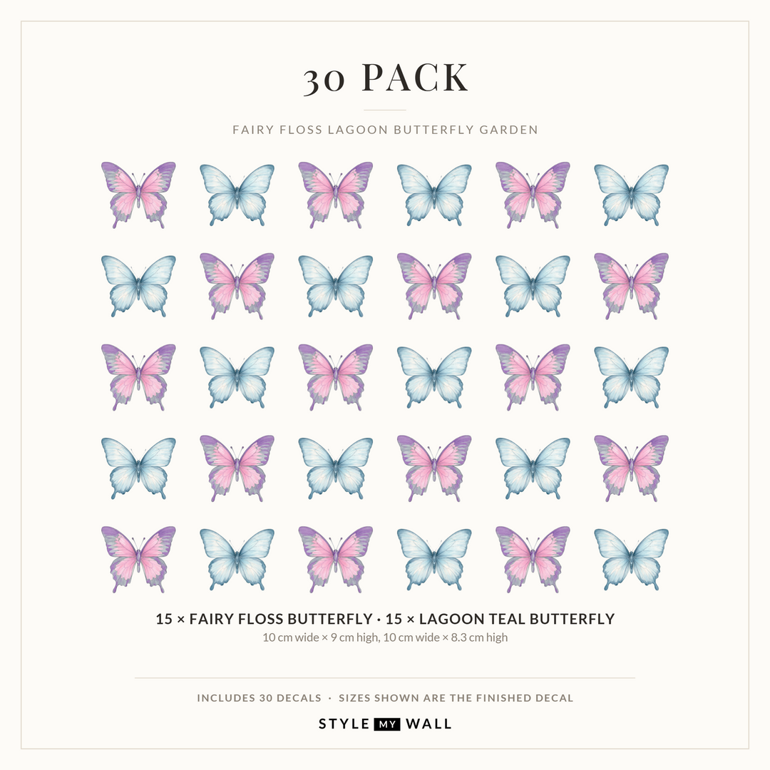 Fairy Floss Lagoon Butterfly Garden Wall Sticker Decals: 30 Pack sizes