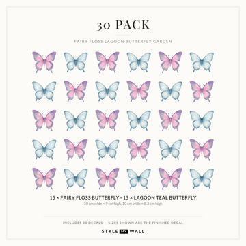 Fairy Floss Lagoon Butterfly Garden Wall Sticker Decals: 30 Pack sizes