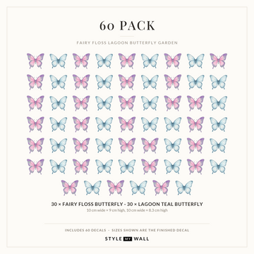 Fairy Floss Lagoon Butterfly Garden Wall Sticker Decals: 60 Pack sizes