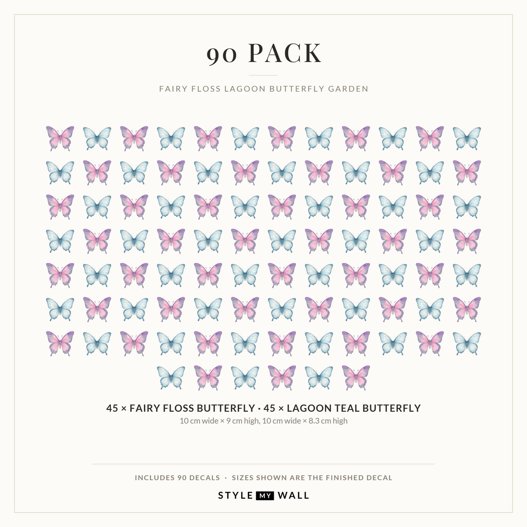 Fairy Floss Lagoon Butterfly Garden Wall Sticker Decals: 90 Pack sizes