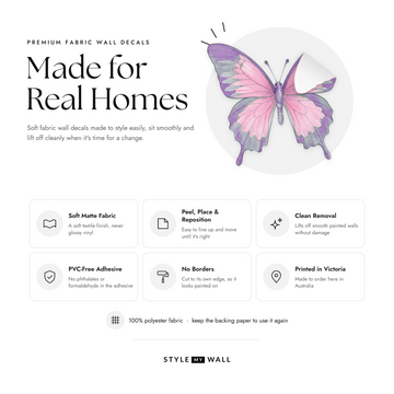 Fairy Floss Lagoon Butterfly Garden Wall Sticker Decals: soft matte fabric wall decals that peel, stick and reposition, printed in Victoria